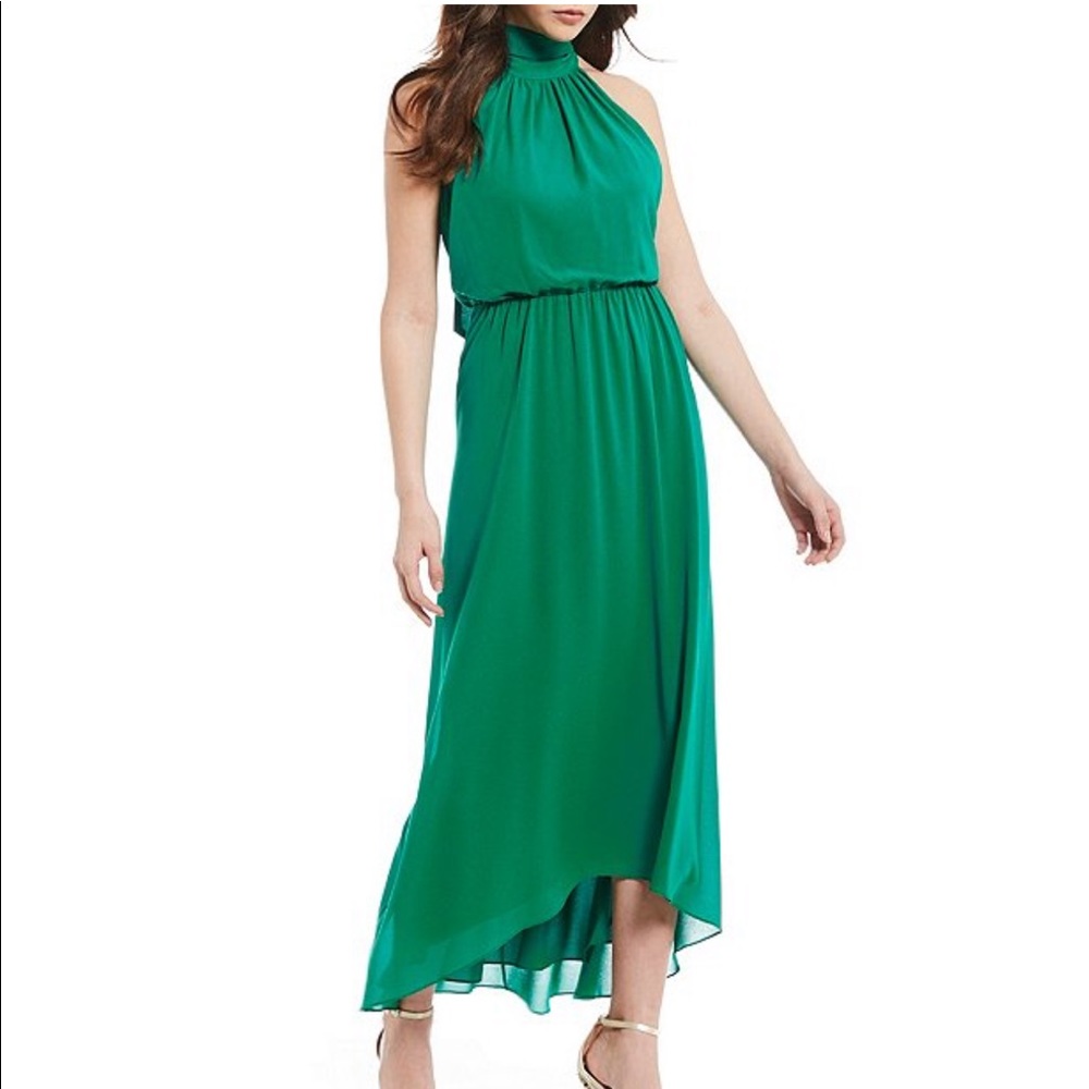 Belle Badgley Mischka green halter hi low dress